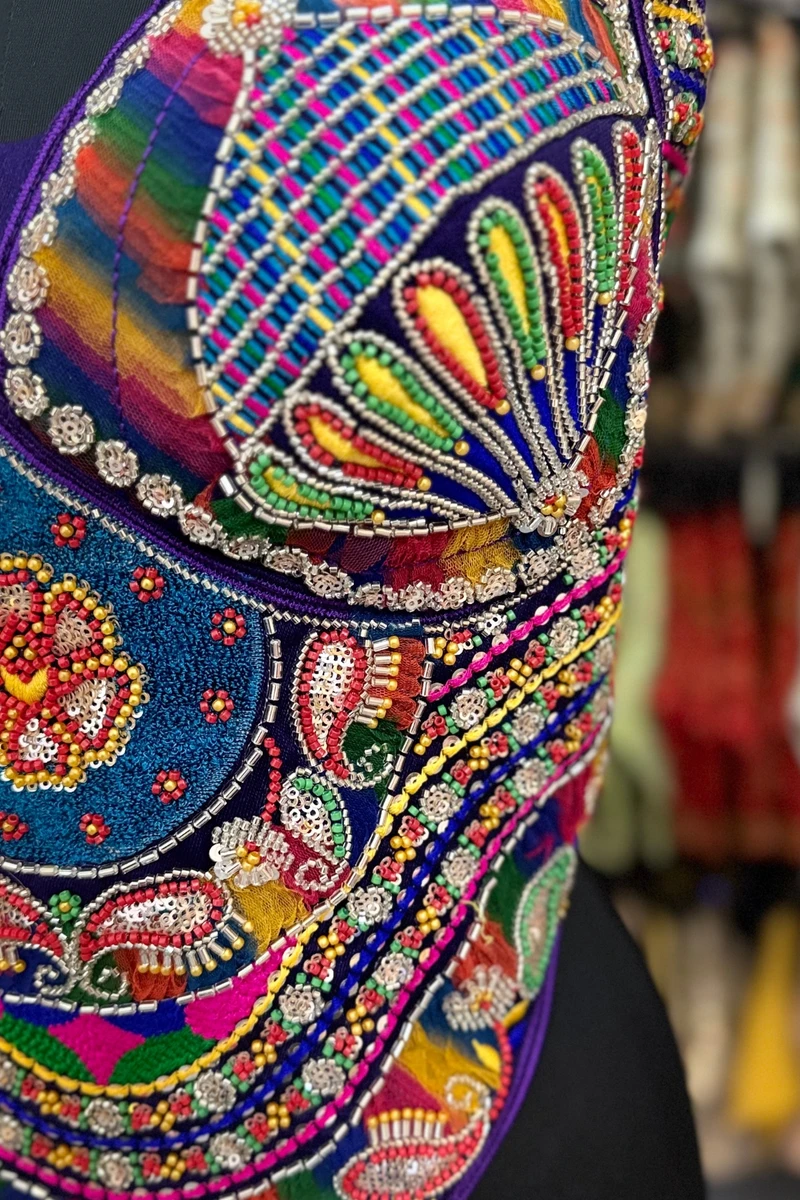 Purple Navratri Special Multicolor Beads Handwork Embroidery Corset Blouse — view 3