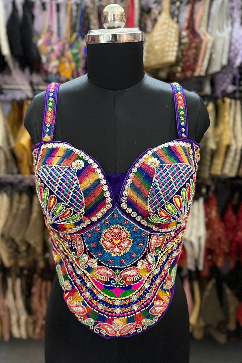 Green Navratri Special Multicolor Beads Handwork Embroidery Corset Blouse