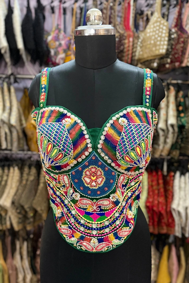 Green Navratri Special Multicolor Beads Handwork Embroidery Corset Blouse