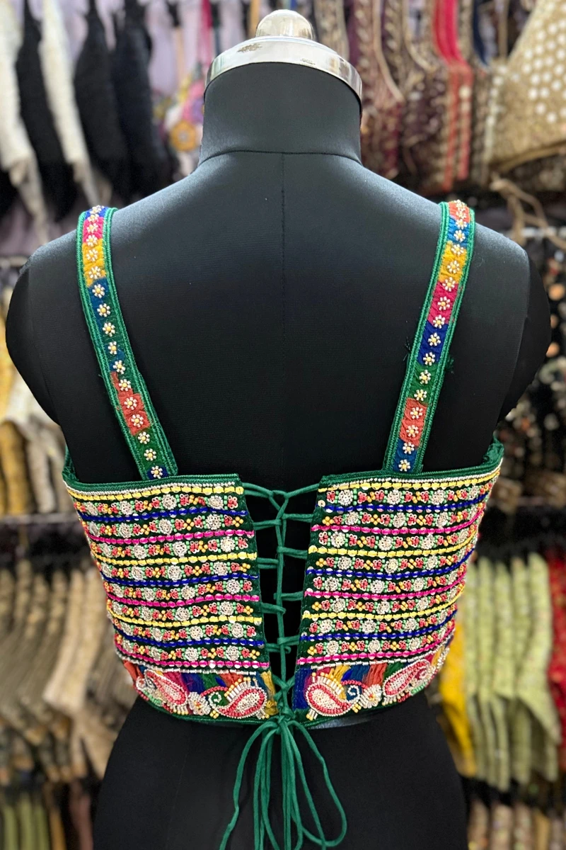 Green Navratri Special Multicolor Beads Handwork Embroidery Corset Blouse — view 3