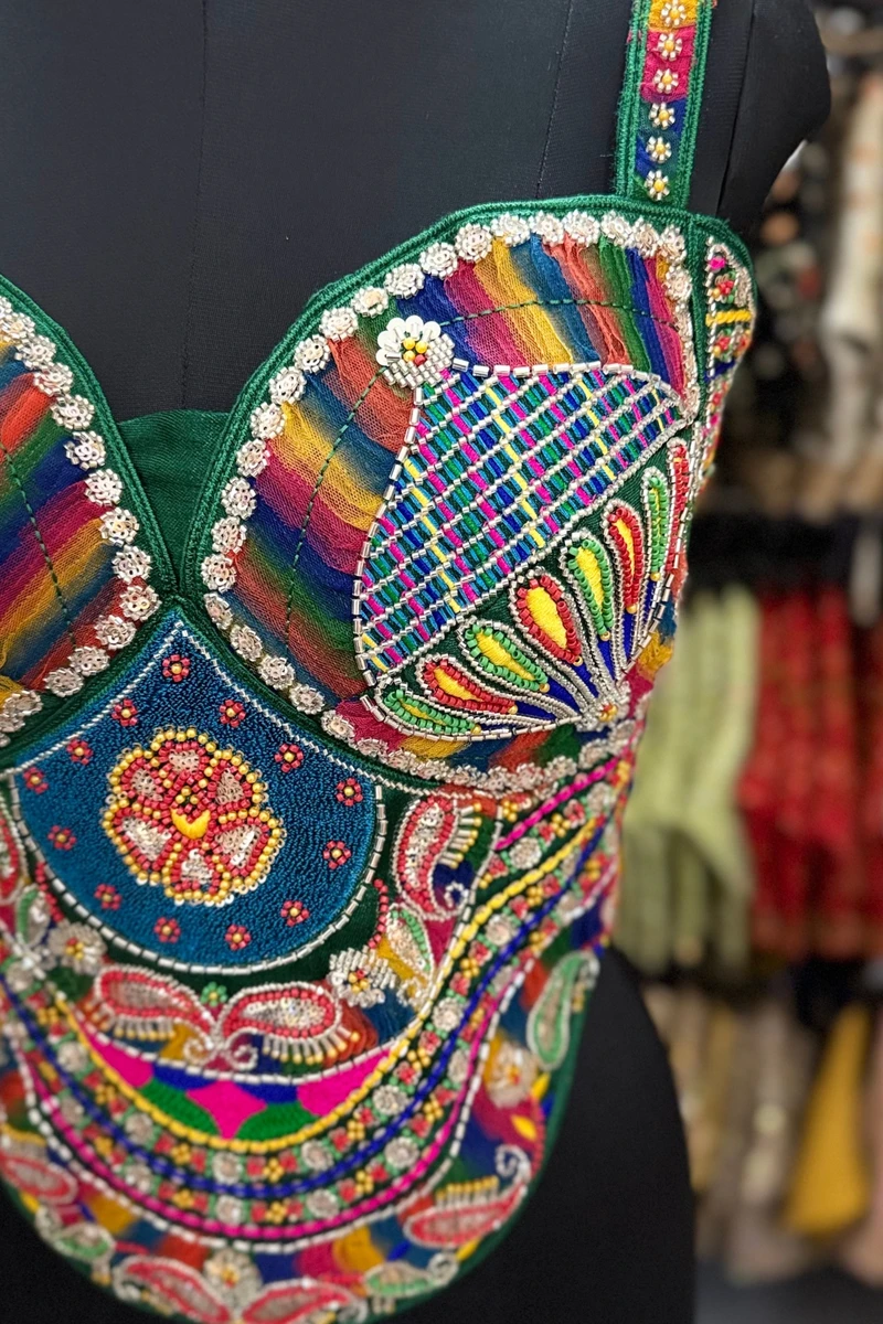 Green Navratri Special Multicolor Beads Handwork Embroidery Corset Blouse — view 2