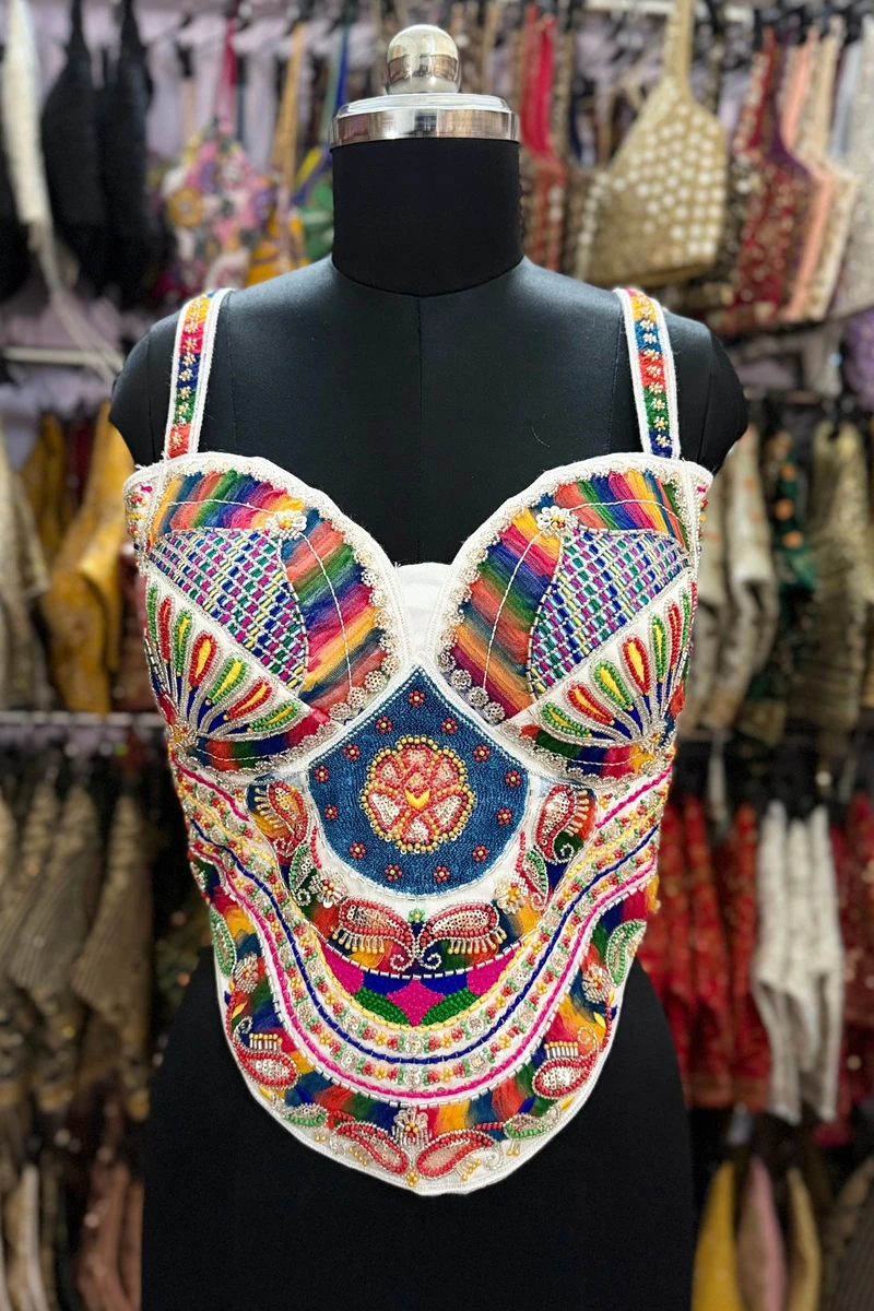 White Navratri Special Multicolor Beads Handwork Embroidery Corset Blouse