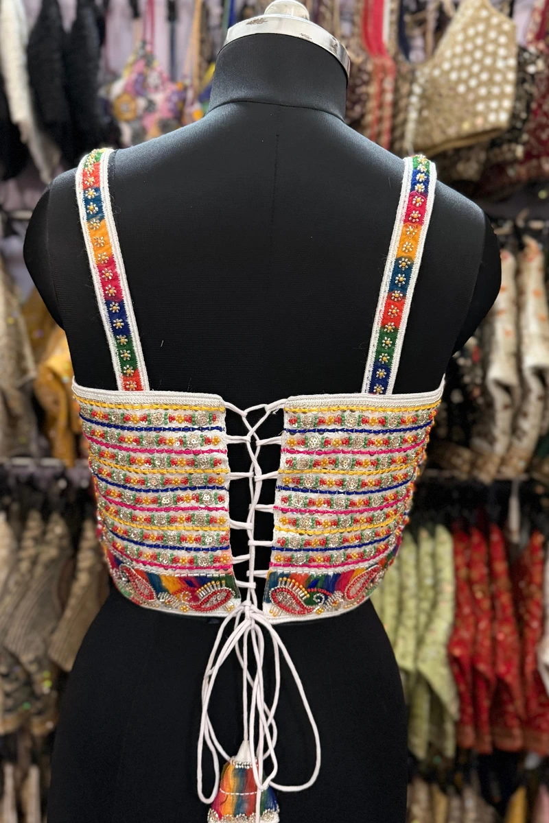 White Navratri Special Multicolor Beads Handwork Embroidery Corset Blouse — view 3