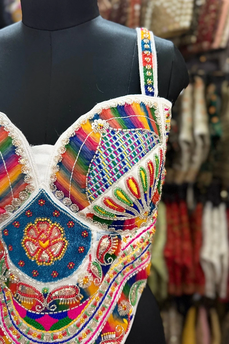 White Navratri Special Multicolor Beads Handwork Embroidery Corset Blouse — view 2