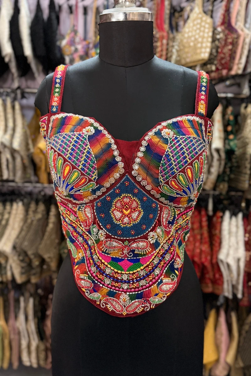 Maroon Navratri Special Multicolor Beads Handwork Embroidery Corset Blouse