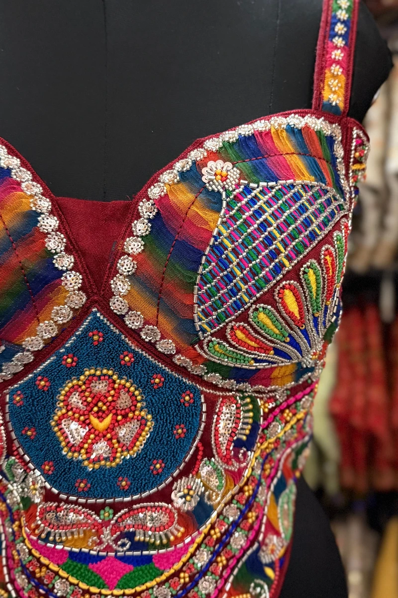 Maroon Navratri Special Multicolor Beads Handwork Embroidery Corset Blouse — view 3
