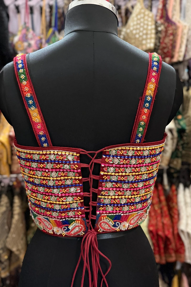 Maroon Navratri Special Multicolor Beads Handwork Embroidery Corset Blouse — view 2