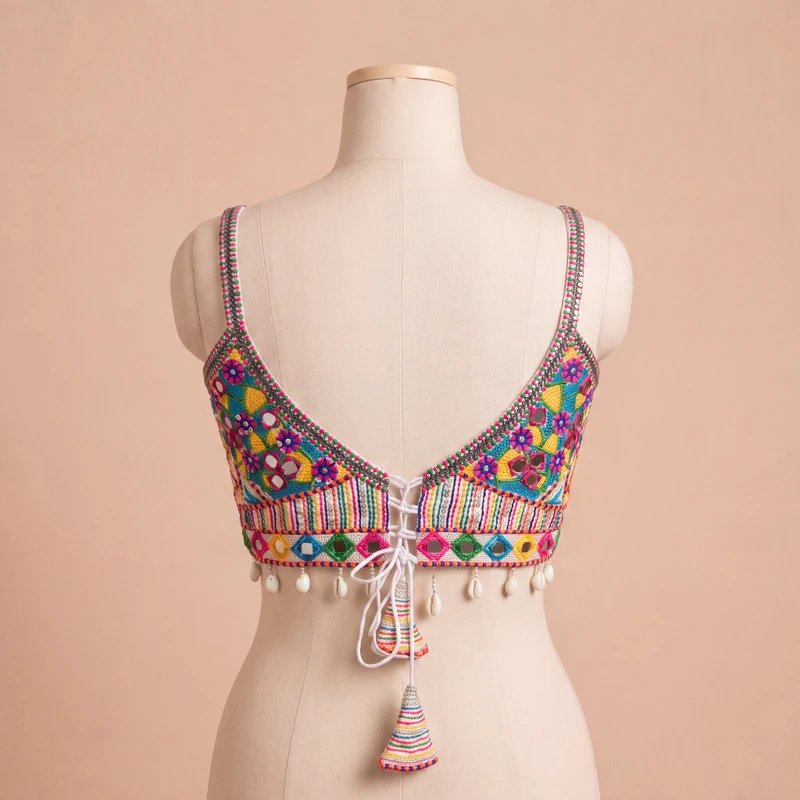 White Navratri Real Mirror & Thread Embroidery Garba Sleeveless Blouse — view 2