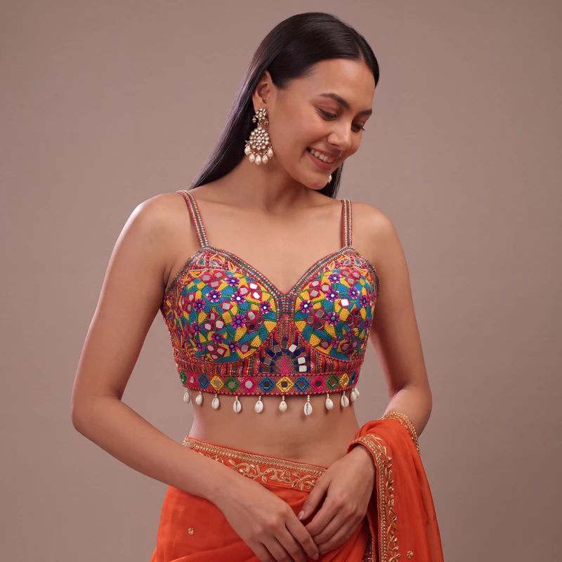 Rust Navratri Real Mirror & Thread Embroidery Garba Sleeveless Blouse