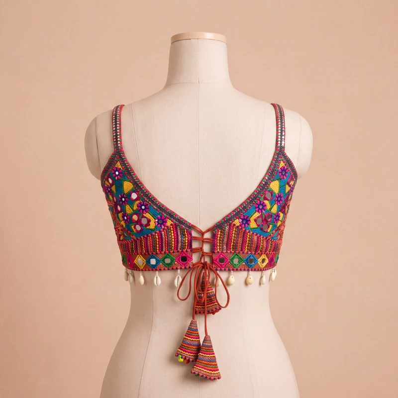 Rust Navratri Real Mirror & Thread Embroidery Garba Sleeveless Blouse — view 2