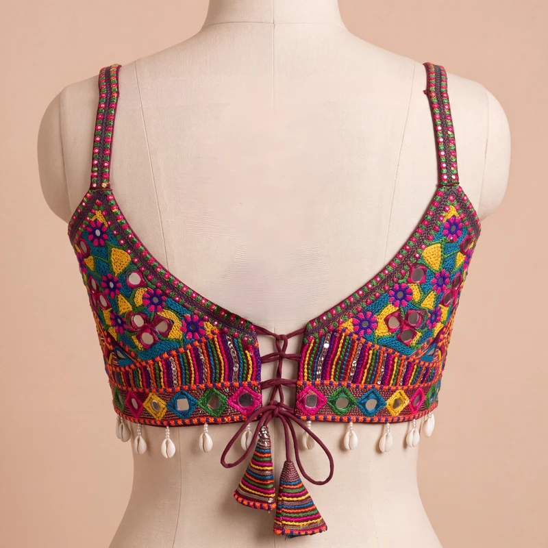 Maroon Navratri Real Mirror & Thread Embroidery Garba Sleeveless Blouse — view 3