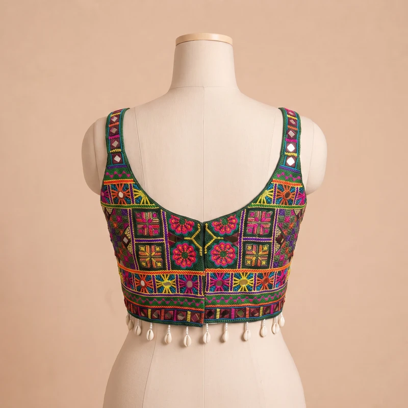 Green Navratri Special Real Mirror & Thread Embroidery Kodi Garba Blouse — view 2