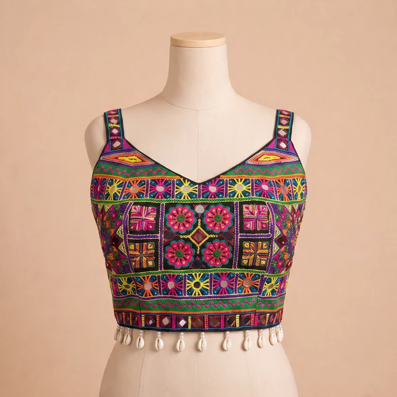 Black Navratri Special Real Mirror & Thread Embroidery Kodi Garba Blouse — view 3