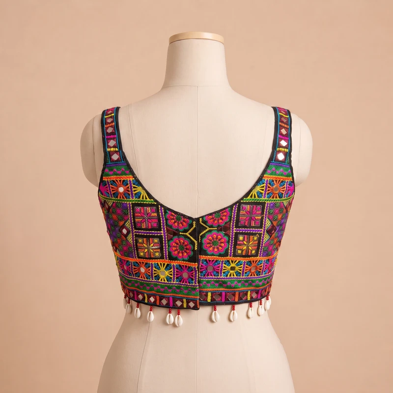 Black Navratri Special Real Mirror & Thread Embroidery Kodi Garba Blouse — view 2