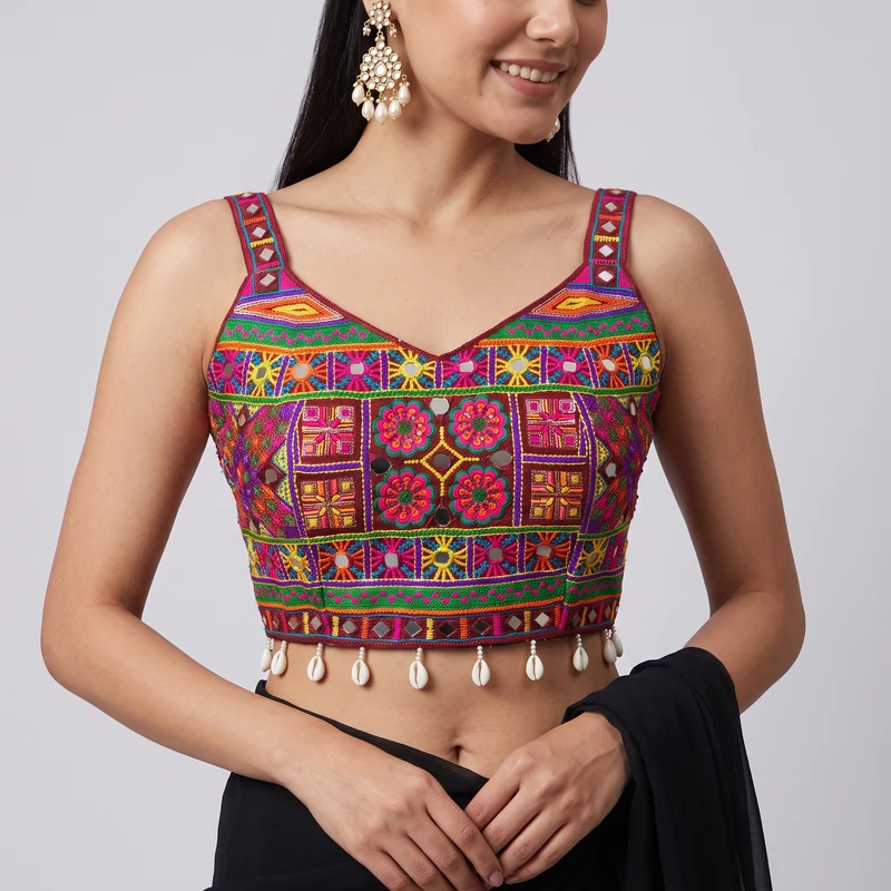 Maroon Navratri Special Real Mirror & Thread Embroidery Kodi Garba Blouse