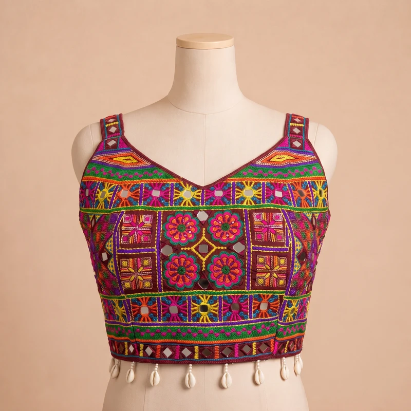 Maroon Navratri Special Real Mirror & Thread Embroidery Kodi Garba Blouse — view 3