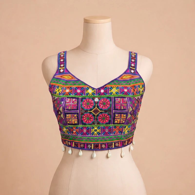 Purple Navratri Special Real Mirror & Thread Embroidery Kodi Garba Blouse — view 3