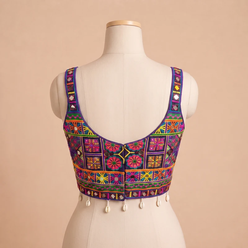 Purple Navratri Special Real Mirror & Thread Embroidery Kodi Garba Blouse — view 2