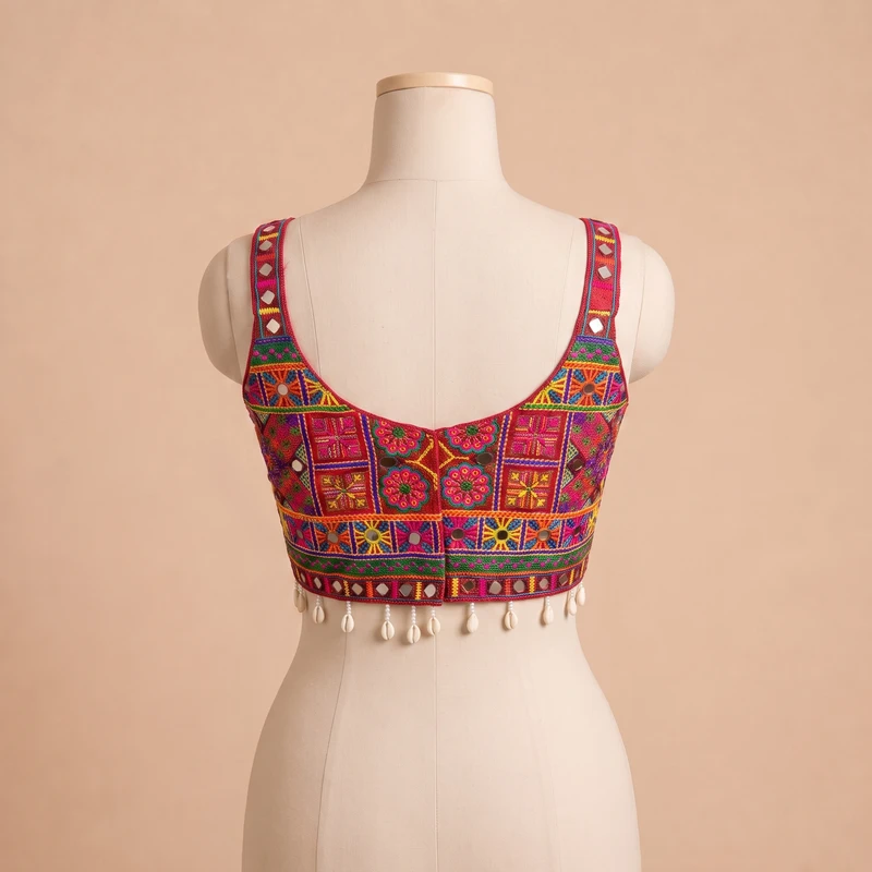 Red Navratri Special Real Mirror & Thread Embroidery Kodi Garba Blouse — view 2