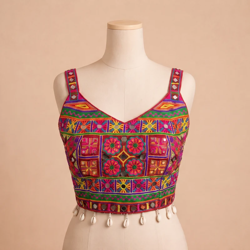Red Navratri Special Real Mirror & Thread Embroidery Kodi Garba Blouse — view 3