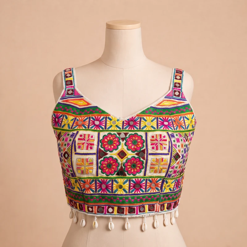 White Navratri Special Real Mirror & Thread Embroidery Kodi Garba Blouse — view 2