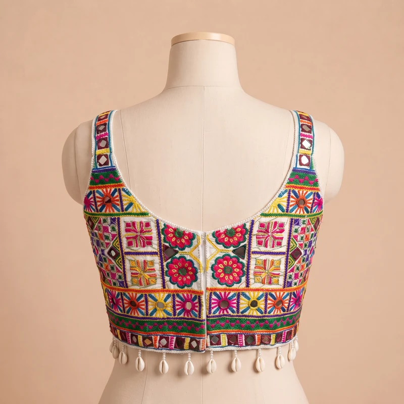 White Navratri Special Real Mirror & Thread Embroidery Kodi Garba Blouse — view 3