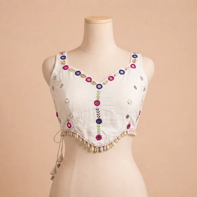 White Navratri Special Embroidery Kodi Garba Blouse — view 3