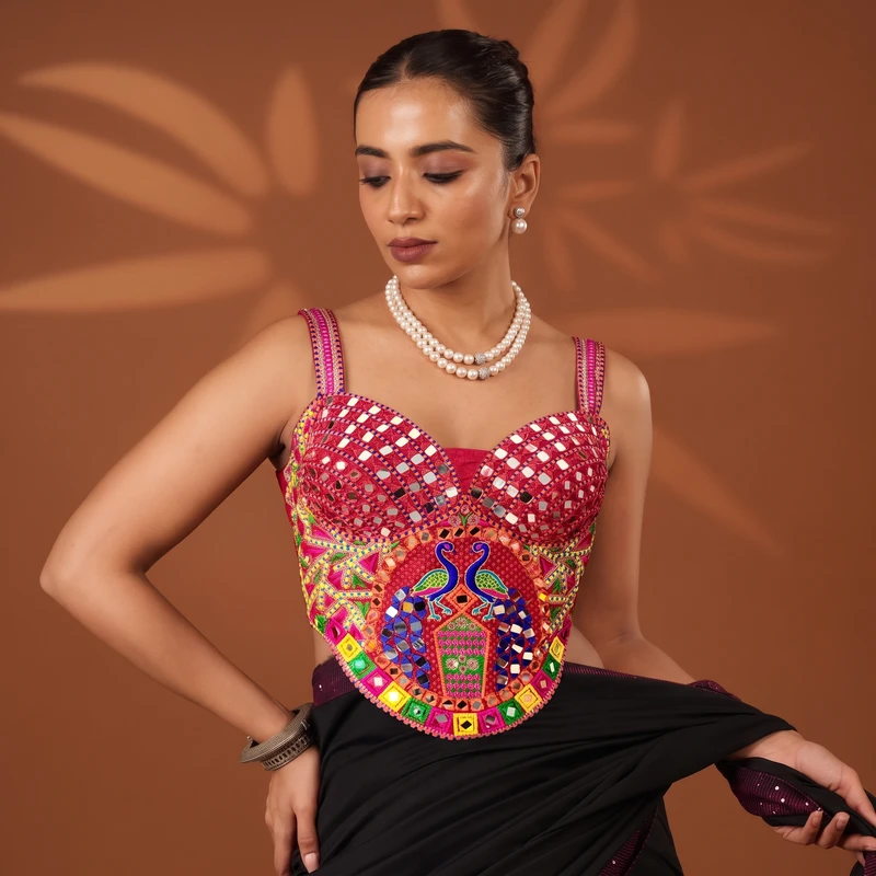 Red Navratri Multicolor Real Mirror Handwork Peacock Embroidery Corset Blouse