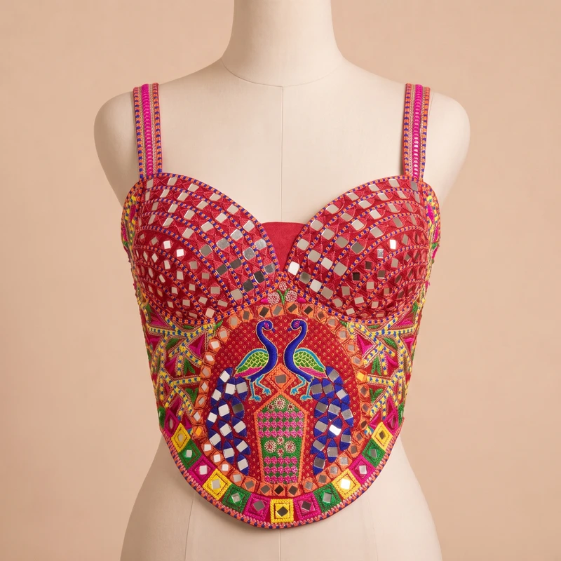 Red Navratri Multicolor Real Mirror Handwork Peacock Embroidery Corset Blouse — view 2