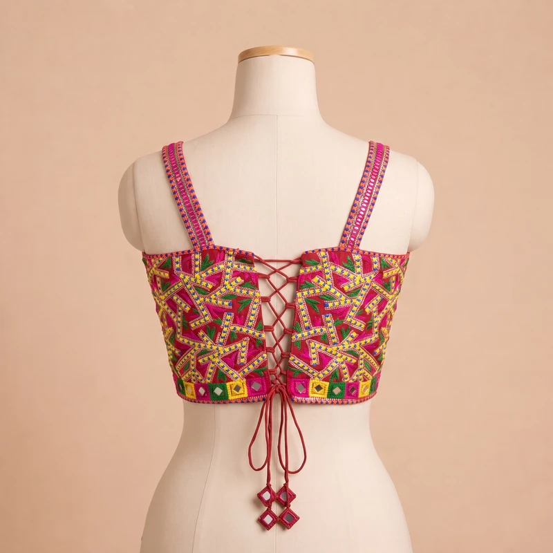 Red Navratri Multicolor Real Mirror Handwork Peacock Embroidery Corset Blouse — view 3