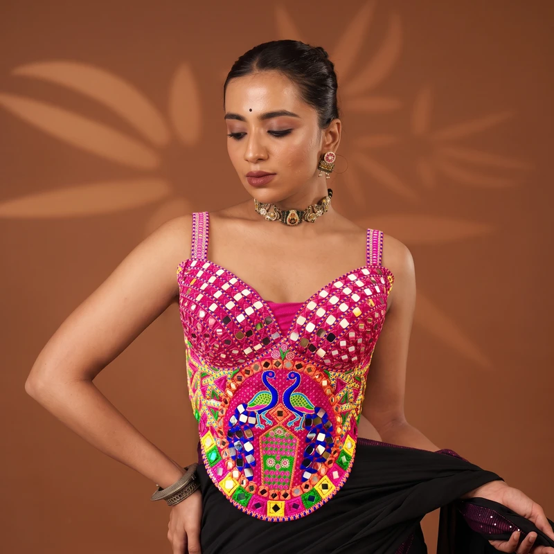 Rani Navratri Multicolor Real Mirror Handwork Peacock Embroidery Corset Blouse