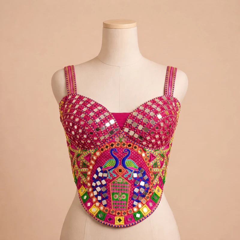 Rani Navratri Multicolor Real Mirror Handwork Peacock Embroidery Corset Blouse — view 3
