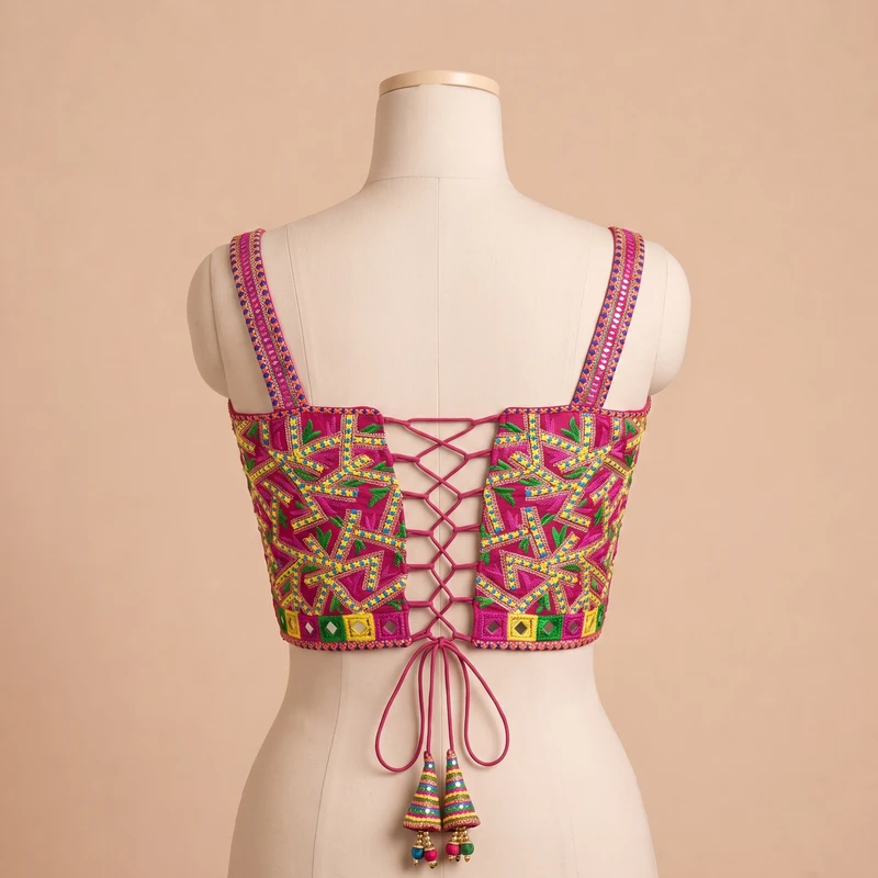 Rani Navratri Multicolor Real Mirror Handwork Peacock Embroidery Corset Blouse — view 2
