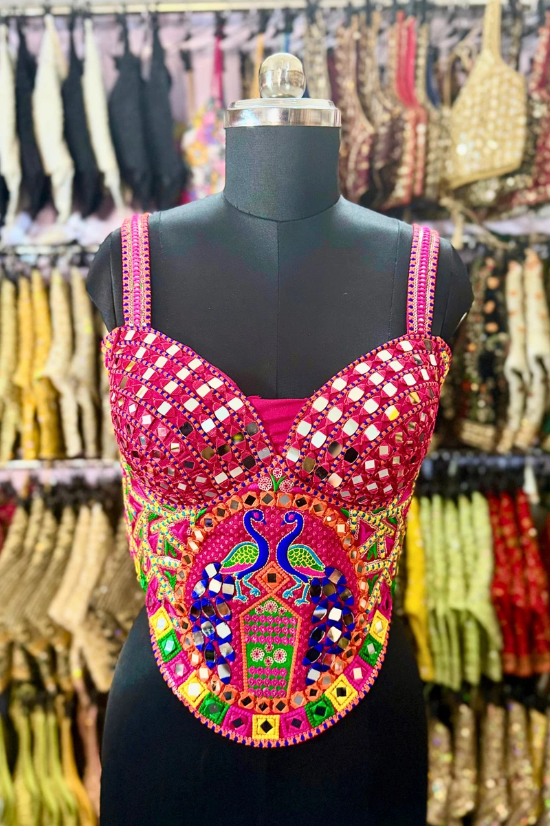 Rani Navratri Multicolor Real Mirror Handwork Peacock Embroidery Corset Blouse — view 4