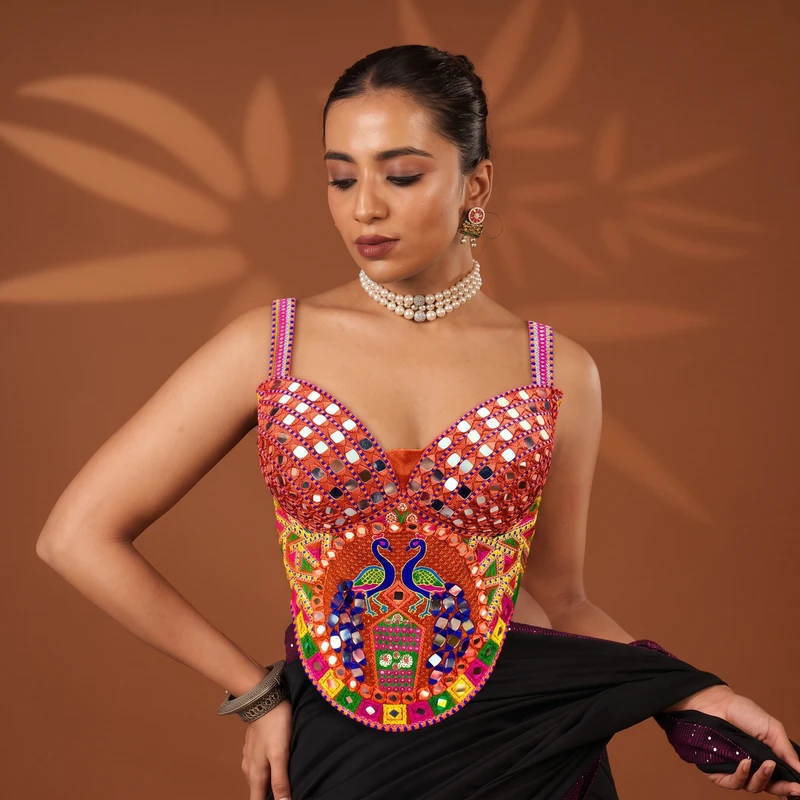 Rust Navratri Multicolor Real Mirror Handwork Peacock Embroidery Corset Blouse