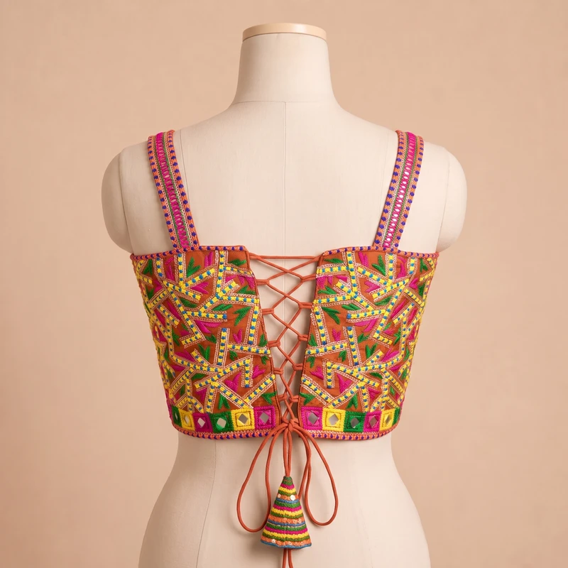 Rust Navratri Multicolor Real Mirror Handwork Peacock Embroidery Corset Blouse — view 2