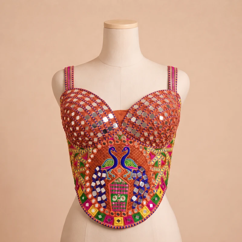 Rust Navratri Multicolor Real Mirror Handwork Peacock Embroidery Corset Blouse — view 3