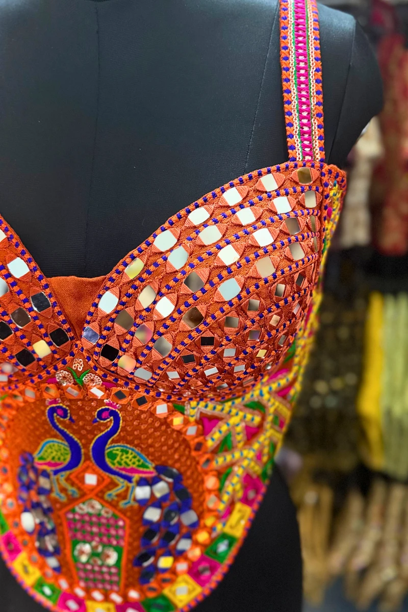 Rust Navratri Multicolor Real Mirror Handwork Peacock Embroidery Corset Blouse — view 5