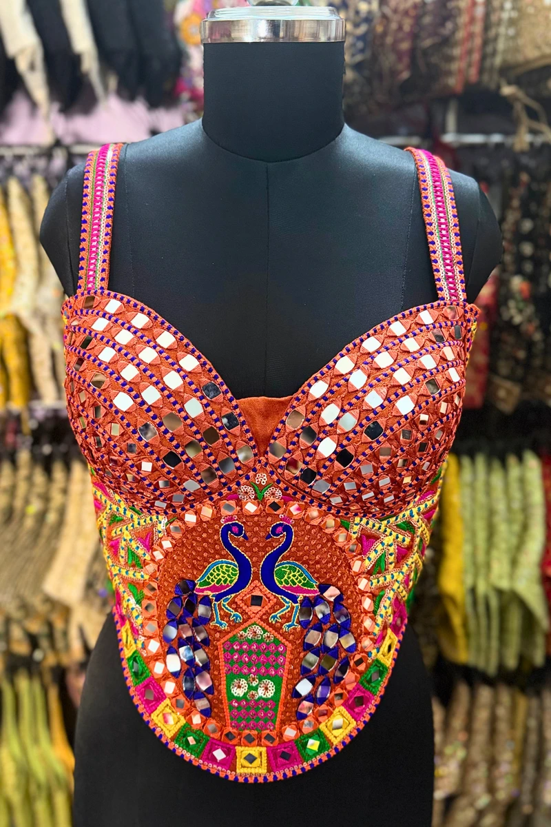 Rust Navratri Multicolor Real Mirror Handwork Peacock Embroidery Corset Blouse — view 4