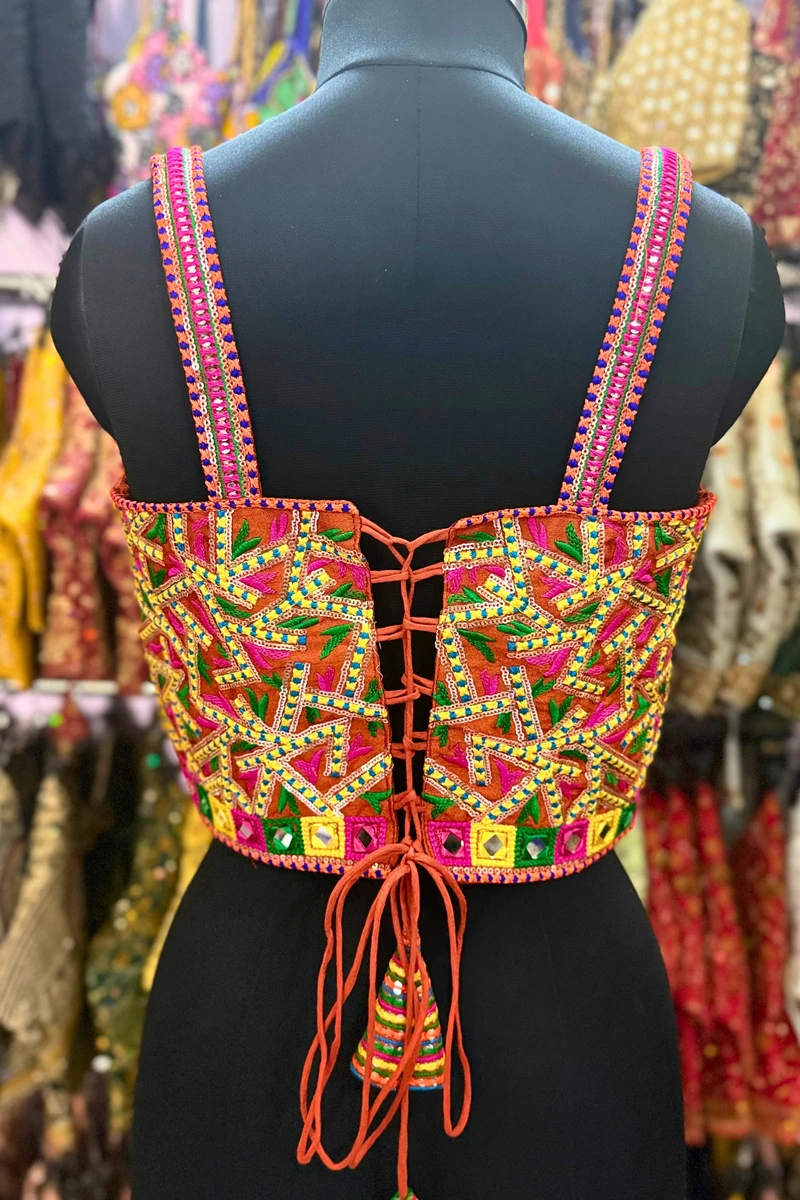 Rust Navratri Multicolor Real Mirror Handwork Peacock Embroidery Corset Blouse — view 6