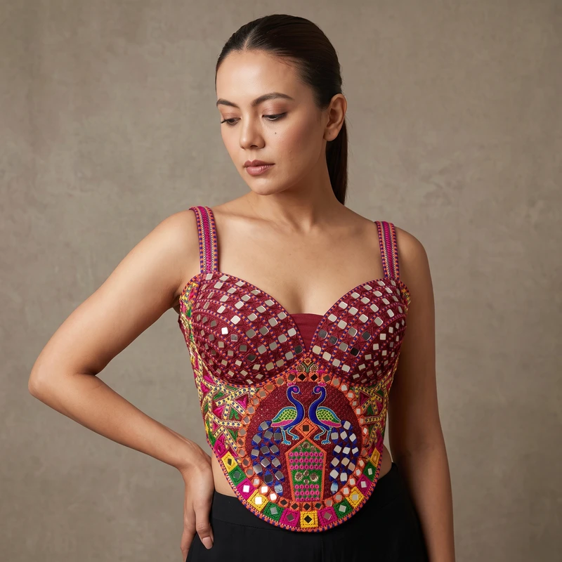 Maroon Navratri Multicolor Real Mirror Handwork Peacock Embroidery Corset Blouse