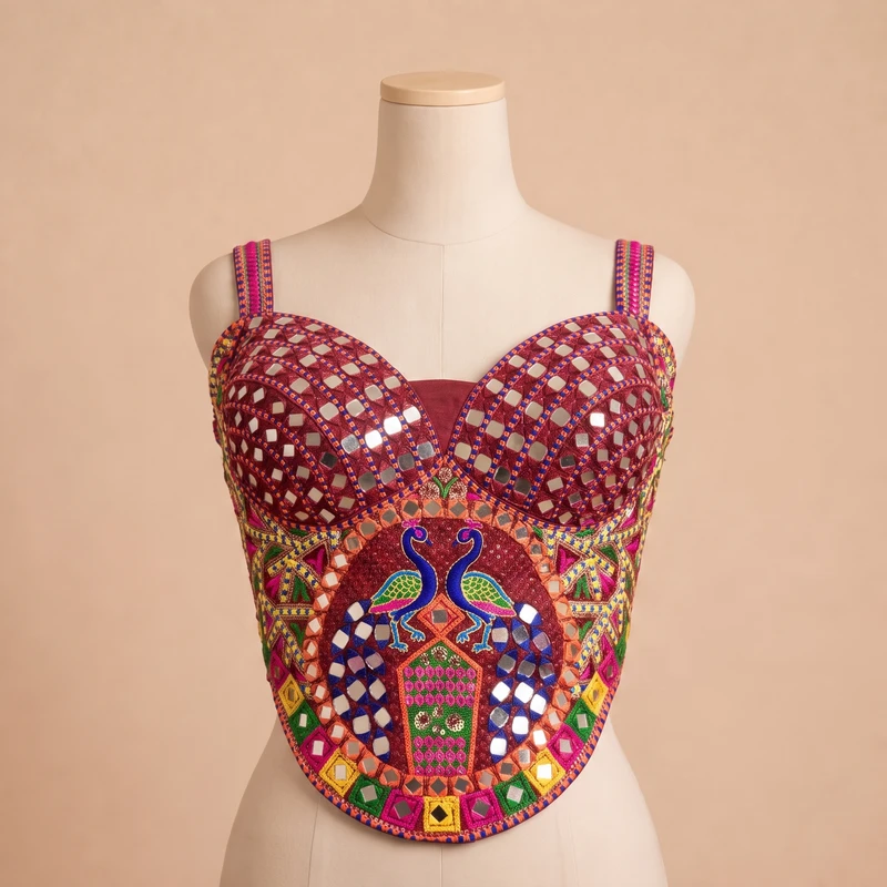 Maroon Navratri Multicolor Real Mirror Handwork Peacock Embroidery Corset Blouse — view 2