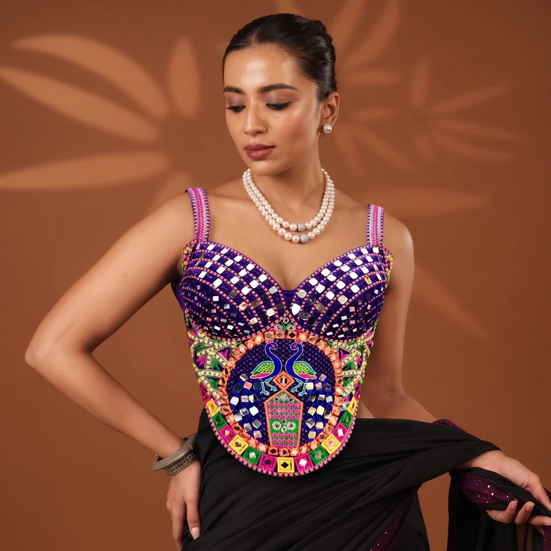 Purple Navratri Multicolor Real Mirror Handwork Peacock Embroidery Corset Blouse