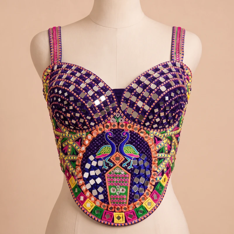 Purple Navratri Multicolor Real Mirror Handwork Peacock Embroidery Corset Blouse — view 2