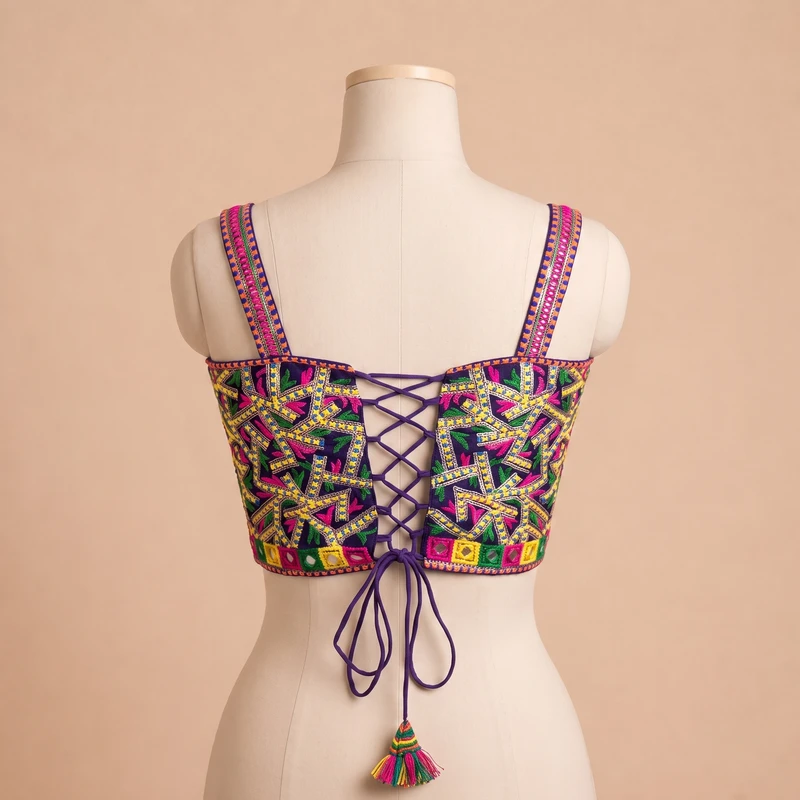 Purple Navratri Multicolor Real Mirror Handwork Peacock Embroidery Corset Blouse — view 3