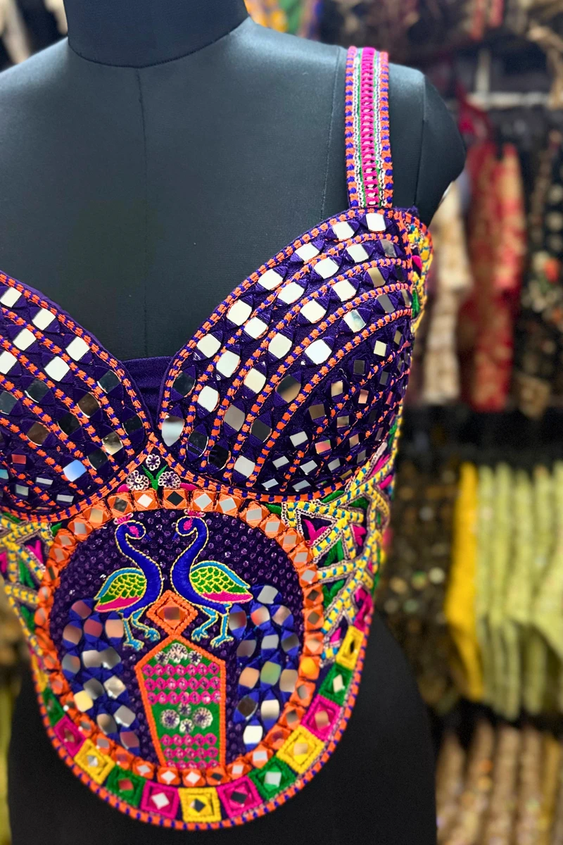 Purple Navratri Multicolor Real Mirror Handwork Peacock Embroidery Corset Blouse — view 6