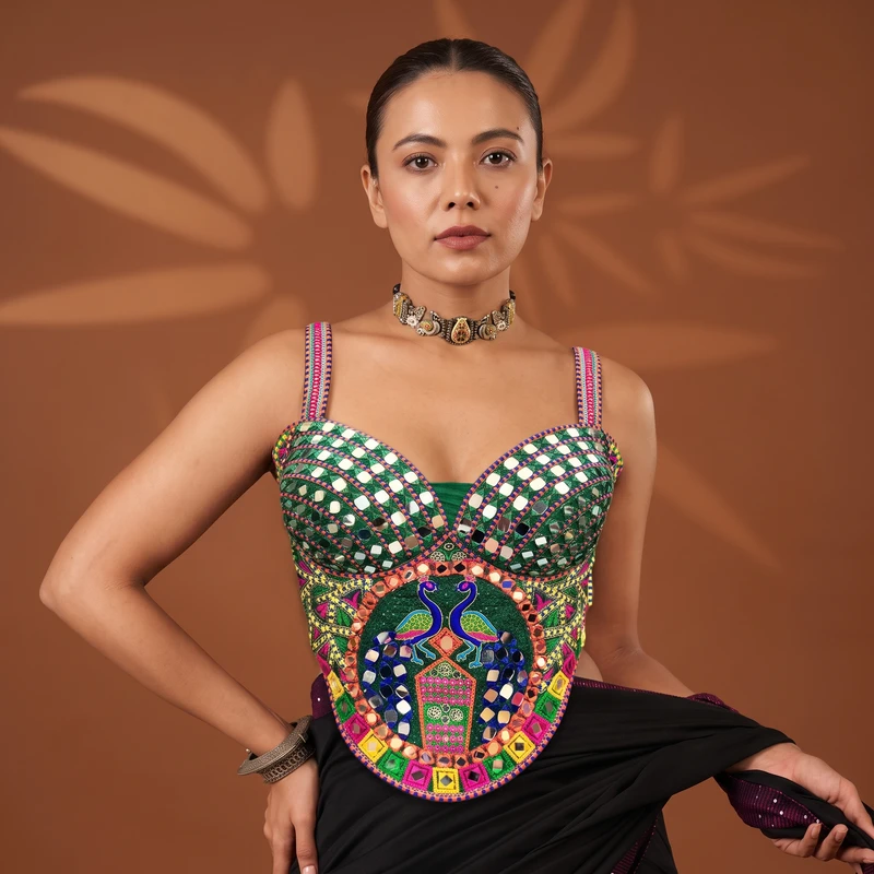 Green Navratri Multicolor Real Mirror Handwork Peacock Embroidery Corset Blouse