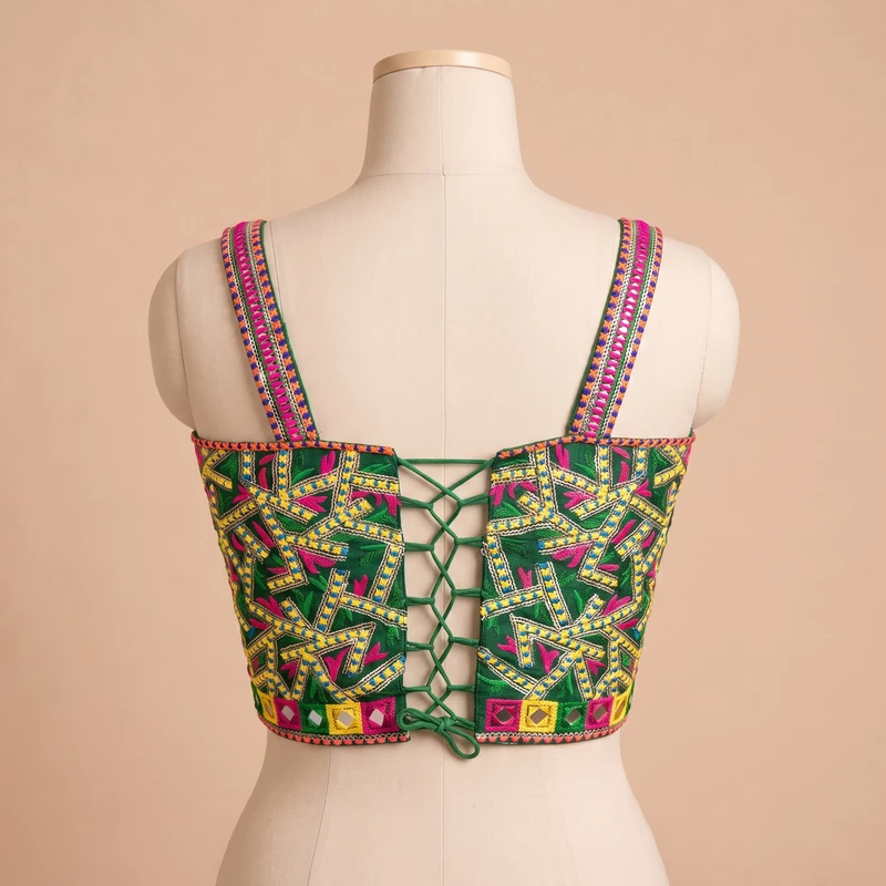 Green Navratri Multicolor Real Mirror Handwork Peacock Embroidery Corset Blouse — view 2