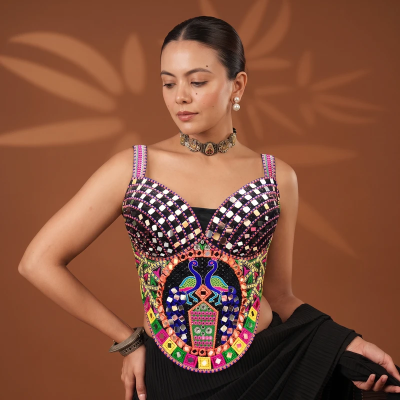 Black Navratri Multicolor Real Mirror Handwork Peacock Embroidery Corset Blouse