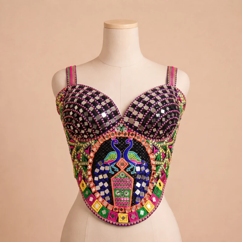 Black Navratri Multicolor Real Mirror Handwork Peacock Embroidery Corset Blouse — view 2
